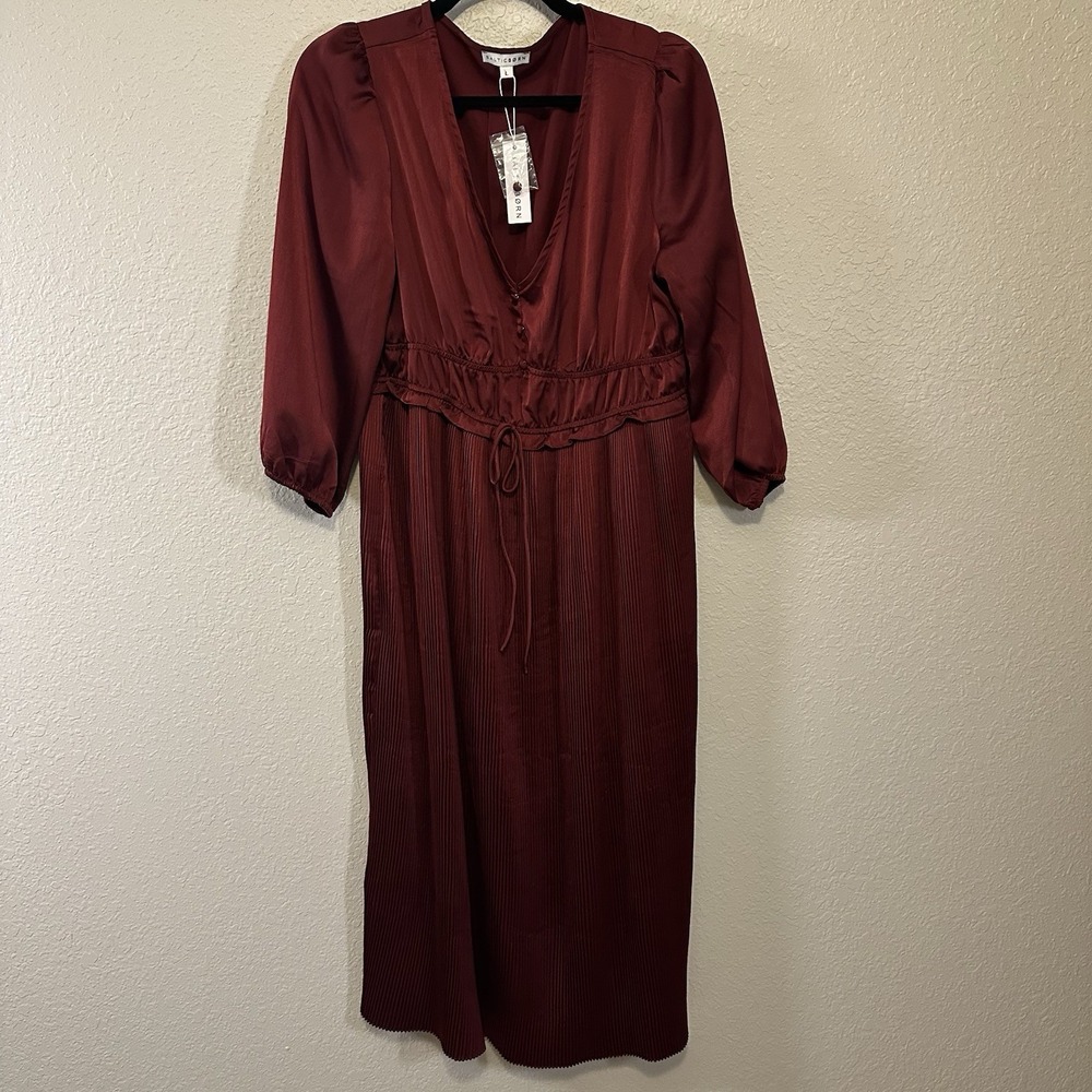 NWT Baltic Born Size L Gabriella Satin Midi Dress Burgundy Long Sleeve Holiday